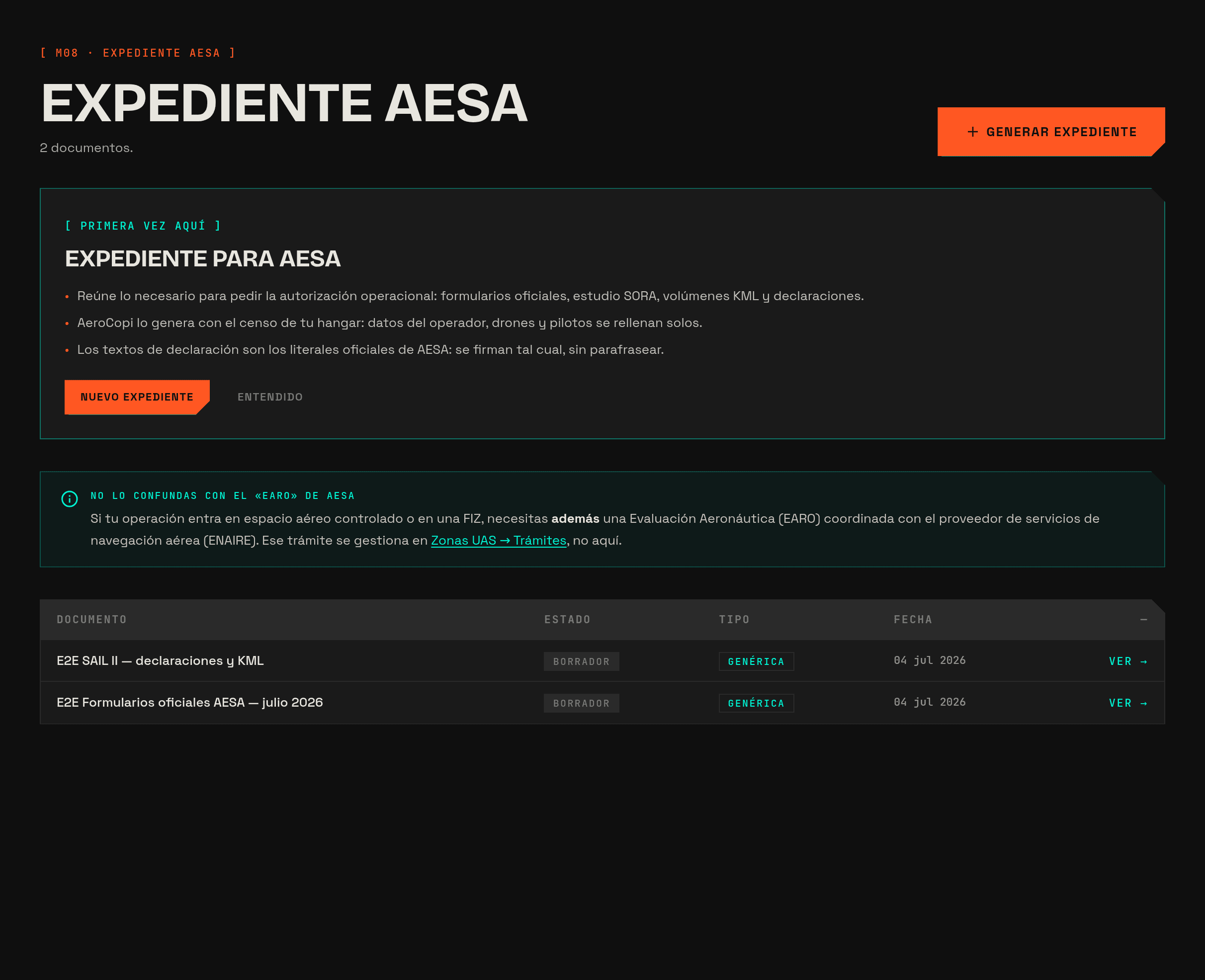 Módulo de Expediente AESA de AeroCopi con formularios oficiales, KML y declaraciones listos para presentar